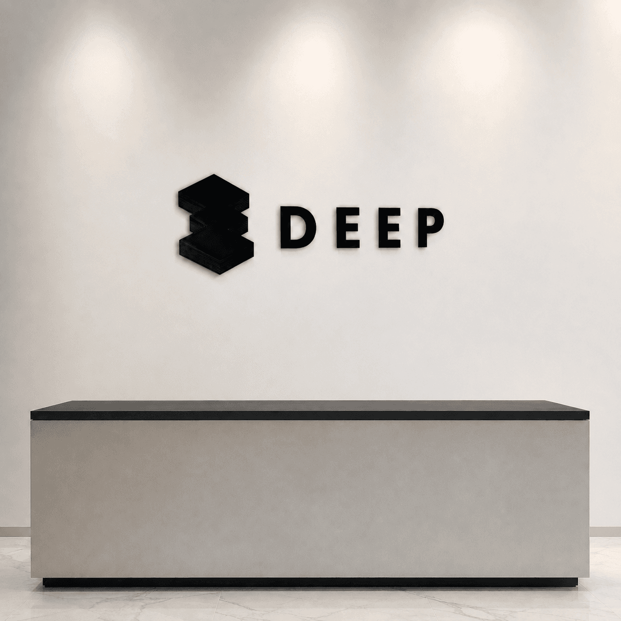 Letreiro 3D da 3DEEP aplicado na parede, mostrando a presença real da peça física